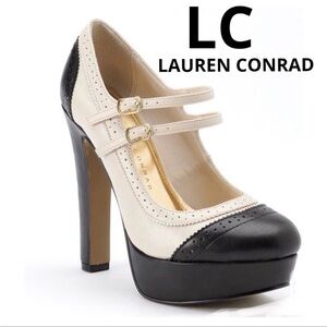 🆕 LC Lauren Conrad Mary Jane Black & Cream Wingtip Strappy Platform Heels Size 6